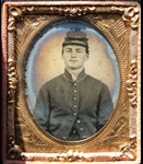 Unidentified Union soldier wearing a kepi marked 24. As the original source of this ambrotype was in Nahant MA, this is probably the 24th Massachusets Volunteer Infantry Regiment